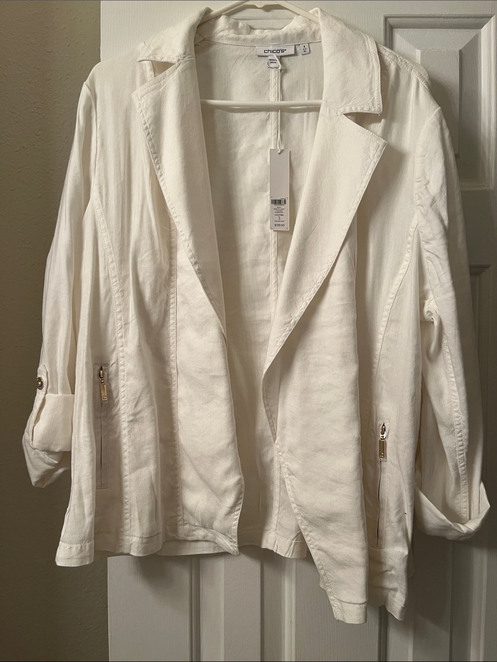 Chico's Cream Open-Front Lightweight Blazer with Zip Details